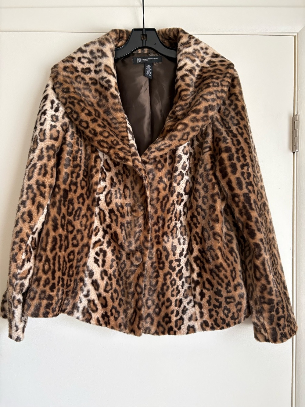 INC International Concepts Leopard Print Faux Fur Jacket - Brown